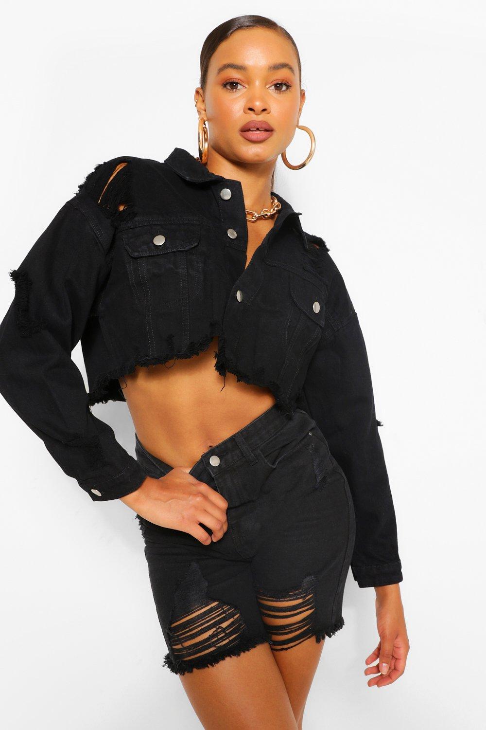 Black cropped store denim jacket boohoo